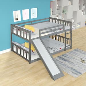 Gray Full over Full Bunk Bed Frame Pine Wood Bed Frame with Slide, Safety Guardrails and Ladder For Boys and Girls