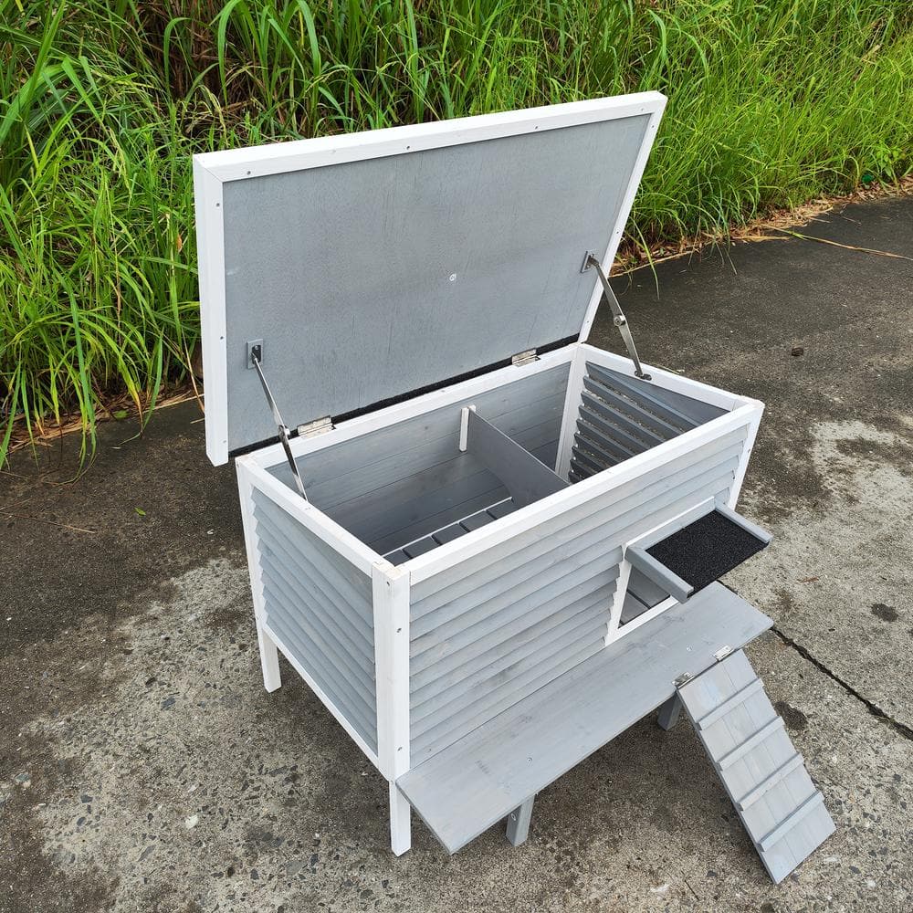 Gray and White Wooden Outdoor Cat House with Escape Door