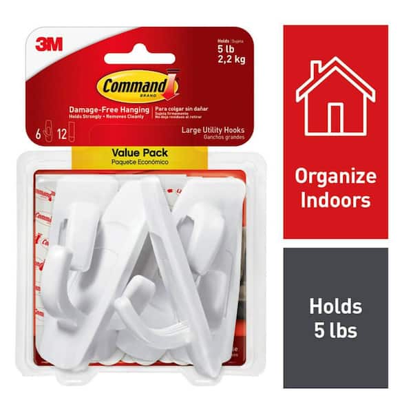 Large Utility Hooks, White, Damage Free Decorating, 6 Hooks and 12 Command Strips