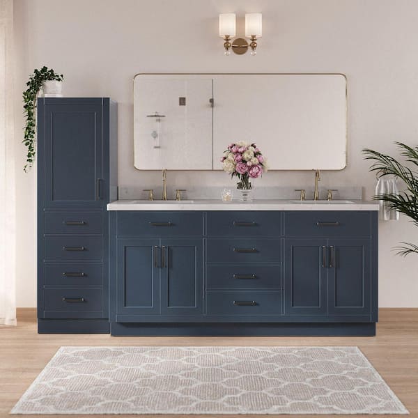 Hepburn 72 in. Double Sink Bath Vanity with Carrara White Quartz Top and Linen Cabinet in Midnight Blue