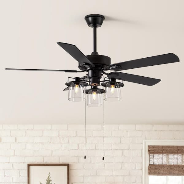 52 in. Indoor Matte Black Downrod Mount Traditional Pull-Chain Standard Ceiling Fan with 3-Light (Bulbs not included)