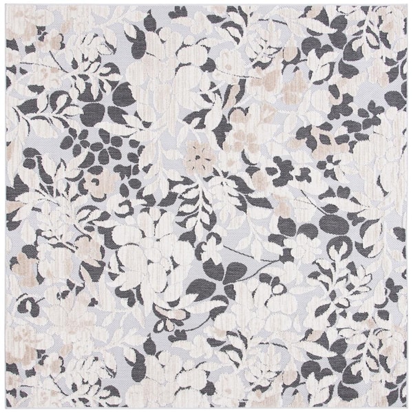 Cabana Ivory/Charcoal 7 ft. x 7 ft. Floral Striped Indoor/Outdoor Patio  Square Area Rug