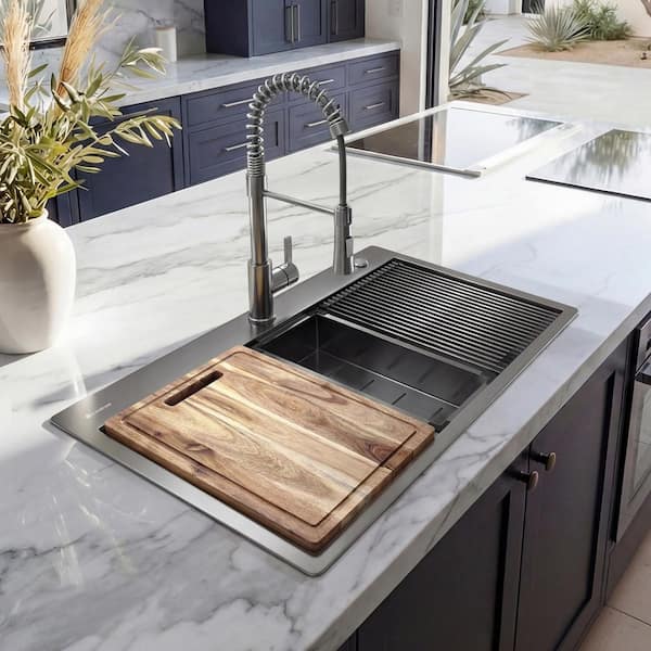 33 in Drop-In Double Bowl 18 Gauge Gunmetal Black Stainless Steel Workstation Kitchen Sink with Black Spring Neck Faucet