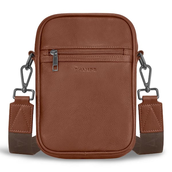 CHAMPS Onyx Collection 6.25 in., Brown Leather Vertical Crossbody
