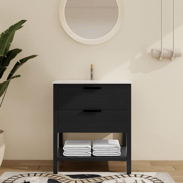 ARTCHIRLY 30 in. W x 18.3 in. D x 33.5 in. H Freestanding Bath Single Vanity in Black Chestnut with White Ceramic Top