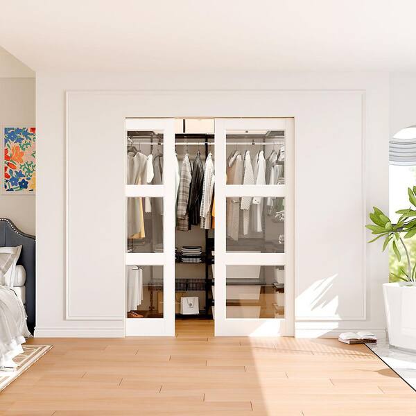 TENONER 32 in. x 80 in. 3-Lite Clear Glass White Primed Pine Wood