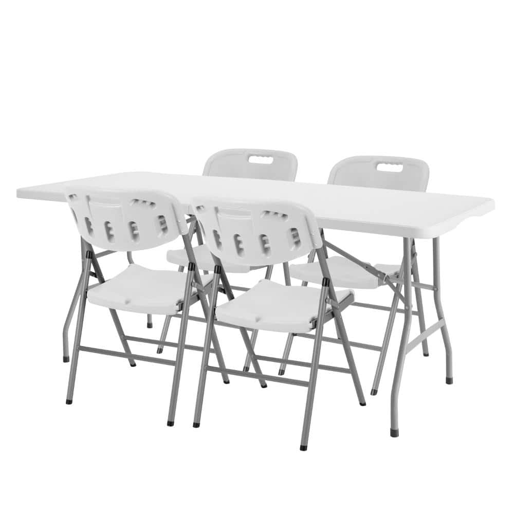 Trestle 5 ft Folding Table and 4 Chairs Set, Blow Mold Plastic, Steel Frame, 60" x 29", White