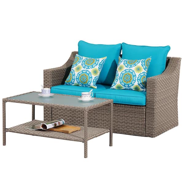 Unbranded 2-Piece Wicker Patio Conversation Set All-Weather Outdoor Wicker Sectional Sofa Chair with Blue Cushions