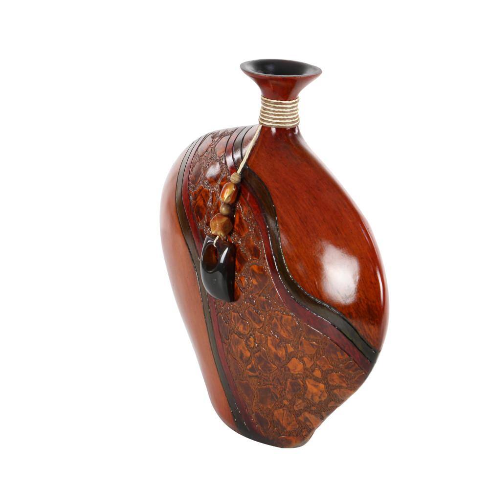 14" Cognac Brown Polystone Vase with Carved Abstract Designs
