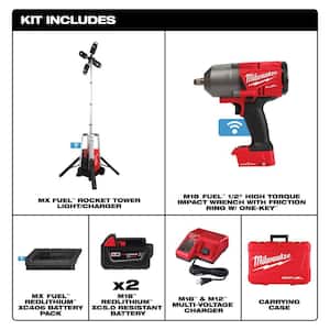 MX FUEL ROCKET Tower Light/Charger W/M18 FUEL ONE-KEY 18V 1/2 in. High-Torque Impact Wrench with Friction Ring Kit
