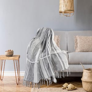 Gemma Textured Gray/White Vertical Striped Cotton Throw Blanket with Fringe