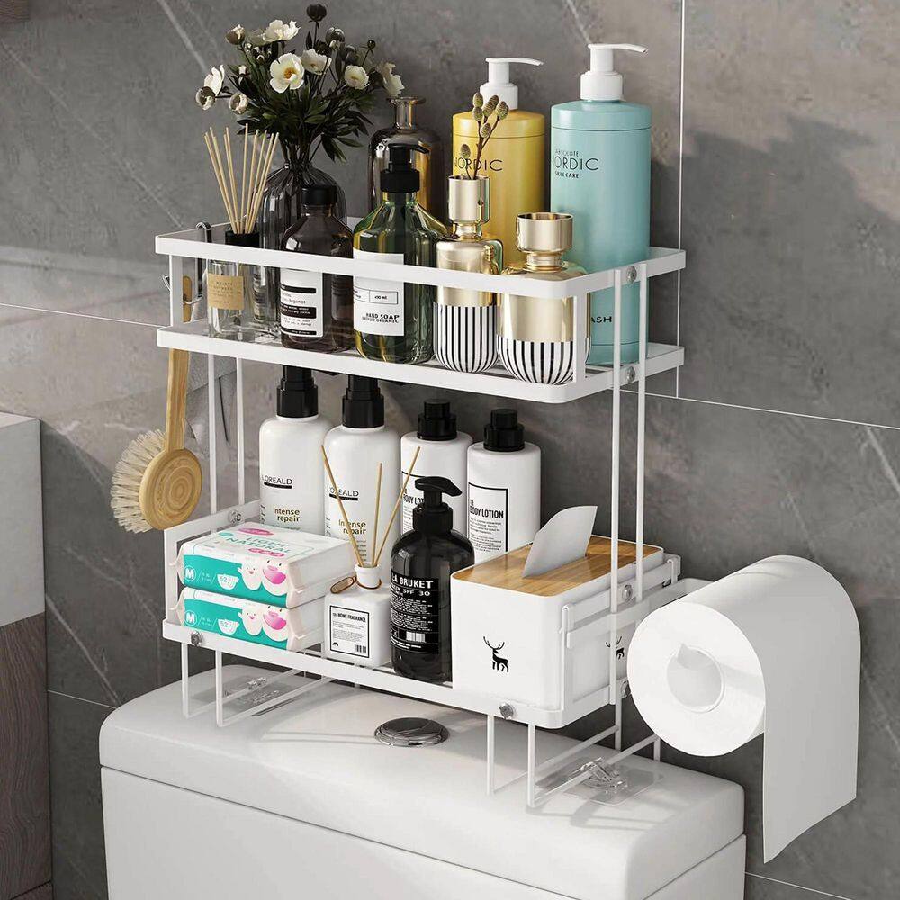 Amucolo Stacking Shower Caddy Shelf Toilet Rack 2-Layer Bathroom Organizer Metal Storage Shelf in White