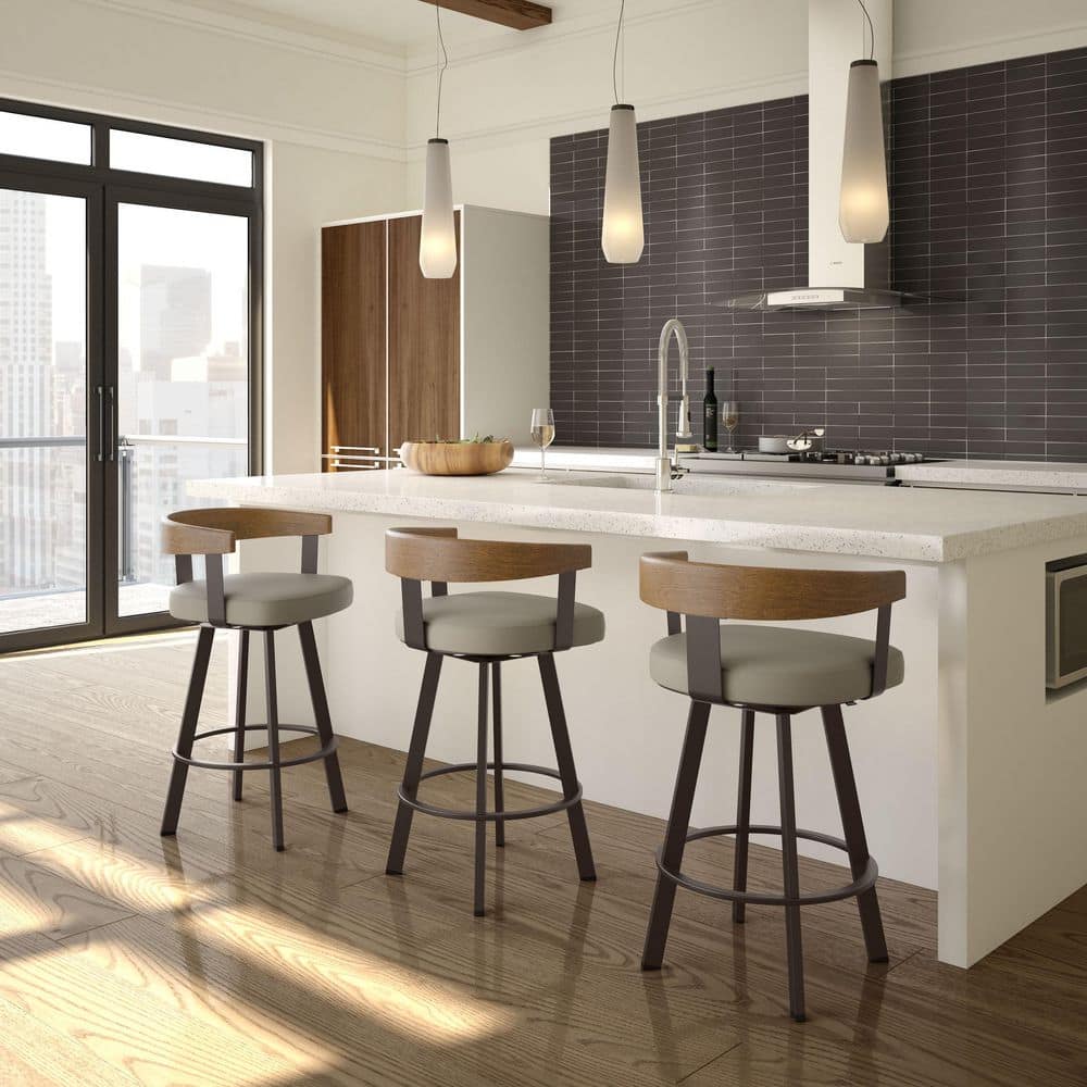 Lars 30" Swivel Bar Stool in Greige Faux Leather with Wood and Metal Frame