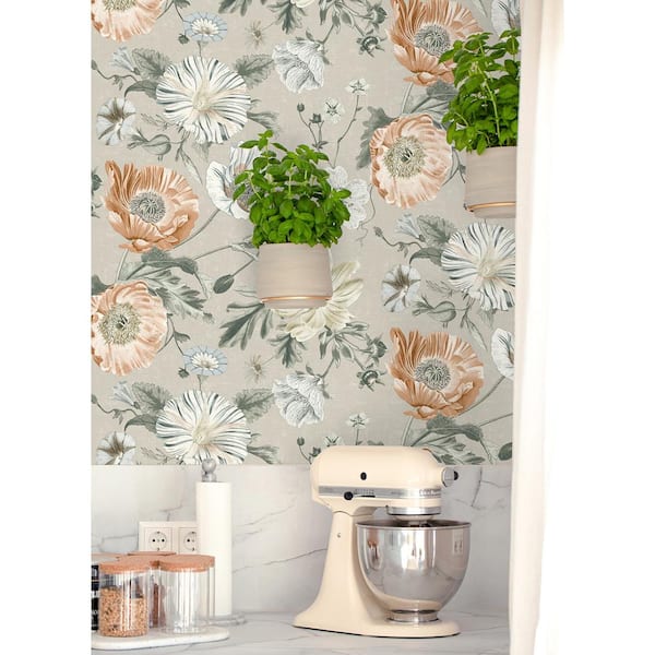Orange Vintage Poppy Peel and Stick Wallpaper