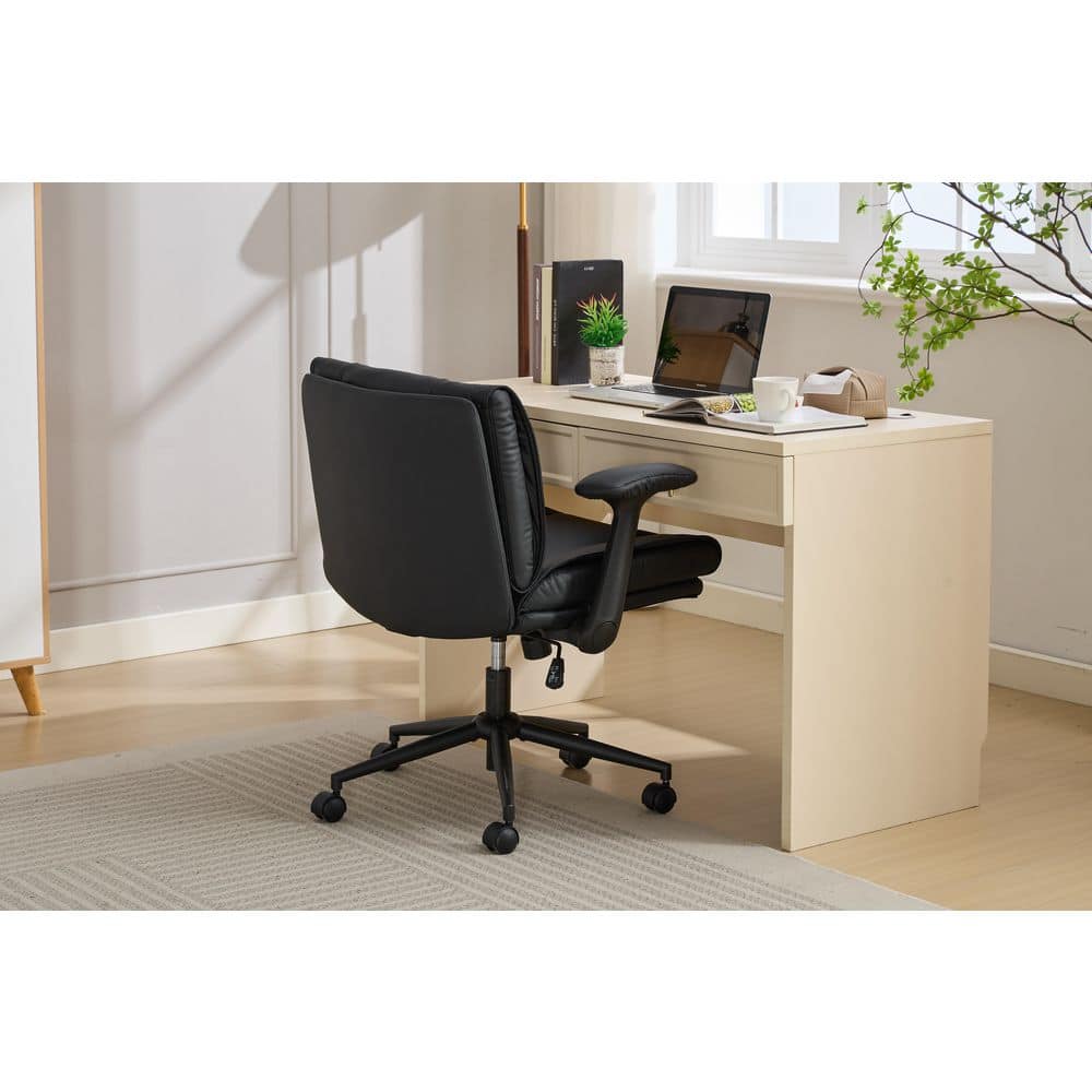 Ergonomic Leather Office Chair, Flip-Up Armrests, Black