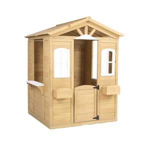 39 in. x 38 in. x 55 in. Wooden Playhouse with Working Door, Windows, Mailbox, Bench, Flowers Pot Holder for Kids