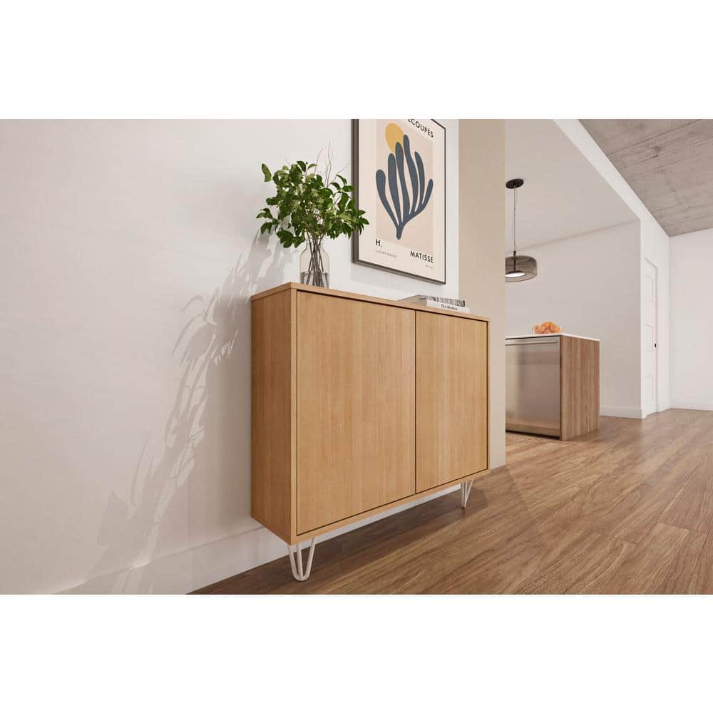 Golden Maple Slim 2-Door Storage Cabinet with Adjustable Shelving