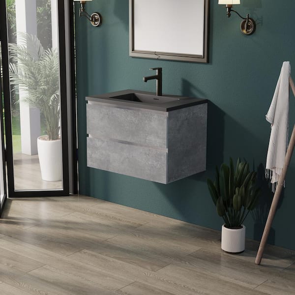 EDI 30 in. W x 18.7 in. D x 19.7 in. H Wall Mount Floating Bathroom Vanity in Gray with Black Quartz Sand Surface Top