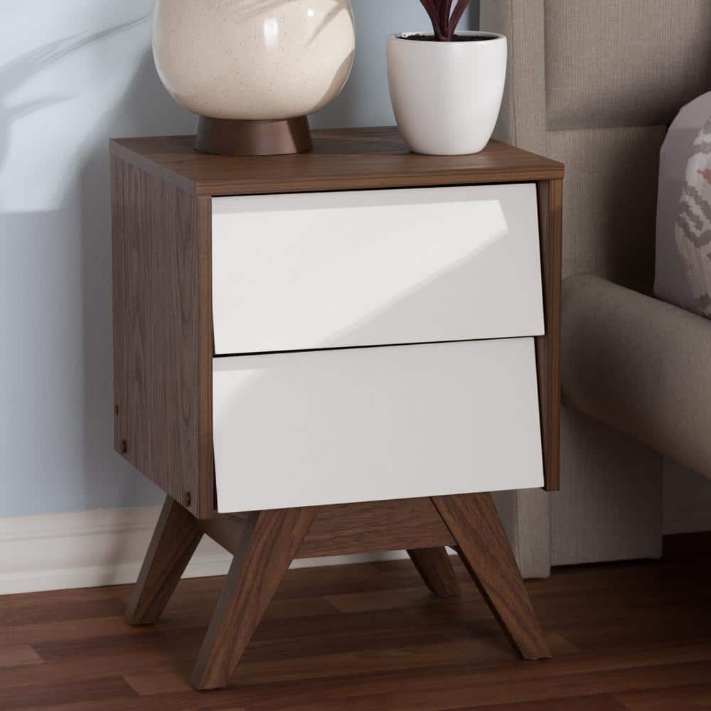 Walnut and White 2-Drawer Mid-Century Modern Nightstand