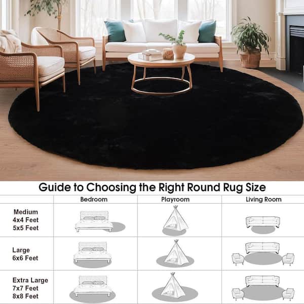 Nourideaux Black Large Round Area Rug 8 ft. x 8 ft. Fluffy Faux