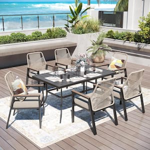 7-Piece Black Metal Patio Outdoor Dining Set with Rectangle Table and Woven Rope Chair with Beige Cushions