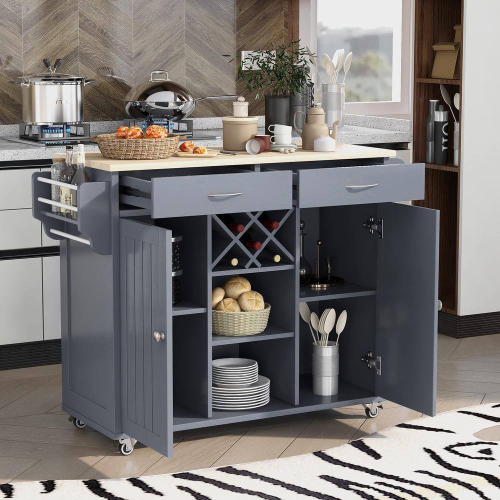 Simple Blue Kitchen Cart with 2-Storage Cabinets and Four Locking ...