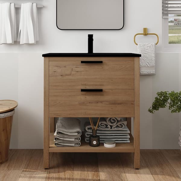 30 in. W x 18.3 in. D x 34 in. H Freestanding Bathroom Vanity Set in Imitative Oak with Integrated Black Ceramic Top