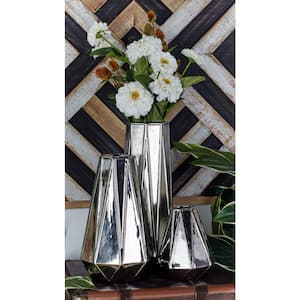 13 in., 11 in., 6 in. Silver Faceted Ceramic Geometric Decorative Vase (Set of 3)