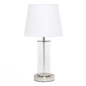 16.93 in. Brushed Nickel and White Encased Metal and Clear Glass Table Lamp
