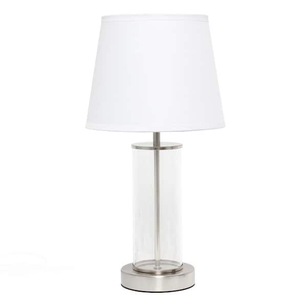 Simple Designs 16.93 in. Brushed Nickel and White Encased Metal and Clear Glass Table Lamp