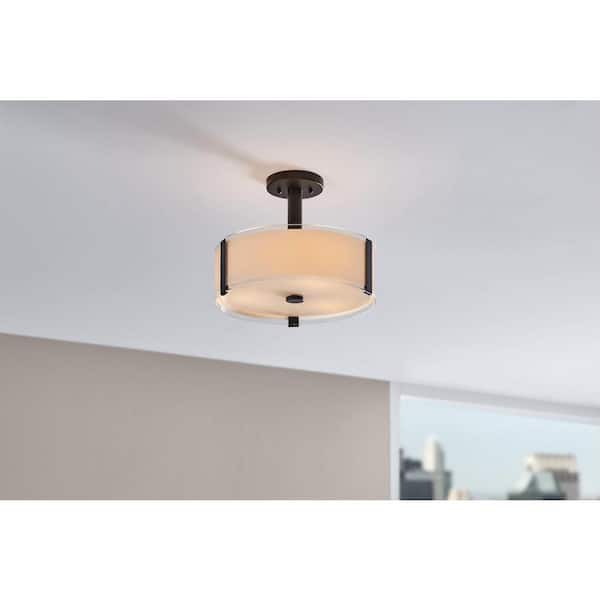 Hampton Bay Bourland 14 in. 3-Light Black Semi-Flush Mount Ceiling Light Fixture with White and Clear Glass Double Shade