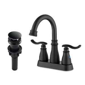4 in. Centerset Double Handle High Arc Bathroom Faucet with Drain Assembly 3 Hole Bathroom Sink Taps in Matte Black