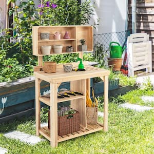 31.5 in. W x 54 in. H Natural Garden Outdoor Potting Bench Wooden Workstation Table with Storage Shelf