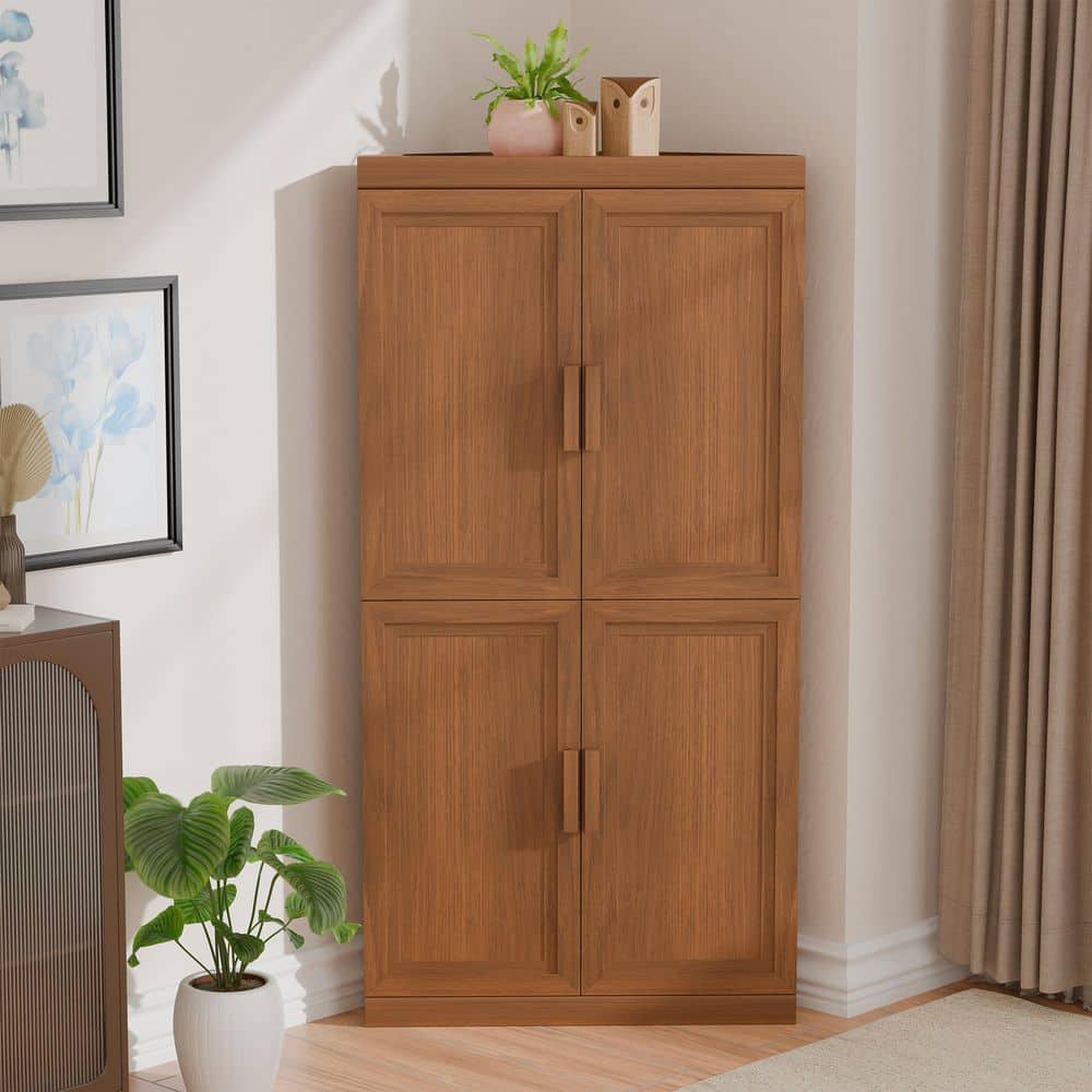 Walnut Wooden 31 in. Storage Cabinet with Adjustable Shelves China Cabinet Display Cabinet (Set of 2)