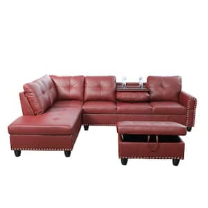 104 in. Square Arm 3-Piece Faux Leather L-Shaped Sectional Sofa in Burgundy