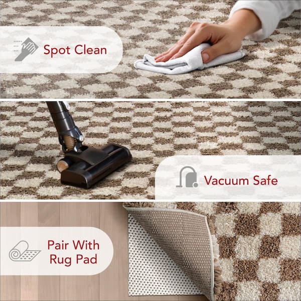 Adelaide Mid-Century Checkered Shag Area Rug Beige 2 ft. 8 in. x 8 ft. Runner Rug