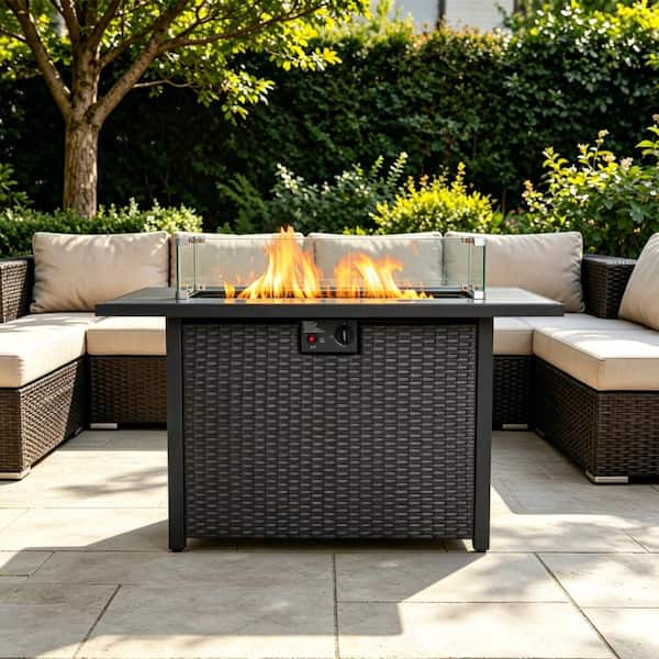 44 Inch 50000 BTU Propane Fire Pit Table,2-in-1 Rectangular Fire Pit Metal Outdoor Heater Table with Glass Wind Guard