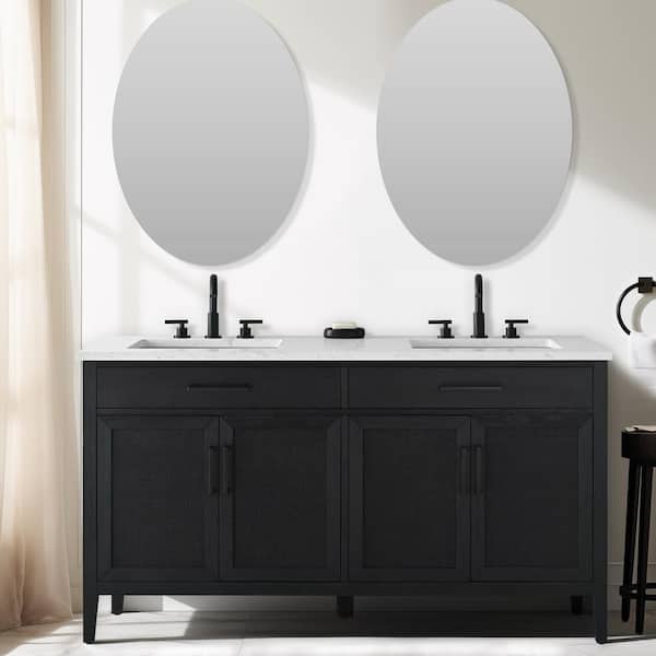 SUDIO Cove 60 in. W Bath Vanity in Black Oak with Engineered Stone Top in Carrara White with White Sinks