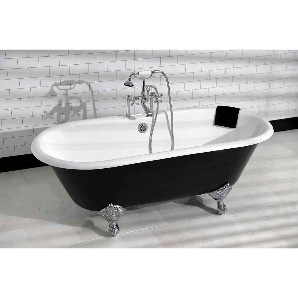 Classic 66-Inch Black and White Cast Iron Clawfoot Bathtub with Polished Chrome Feet