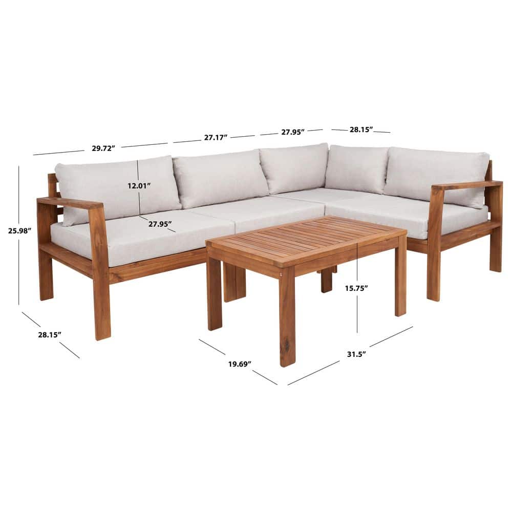 Endelia Natural Wood 4-Piece Patio Set with Light Gray Cushions