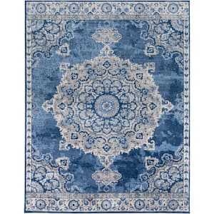 FLOOR ART Quince Navy/Blue 5 ft. x 7 ft. Medallion Vinyl Rectangle Area Rug  8214.42.51 - The Home Depot