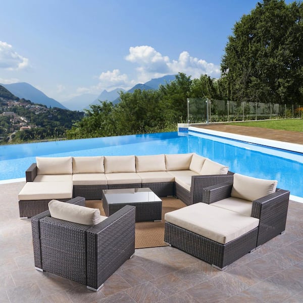 Noble House Santa Rosa Multi-Brown 11-Piece Metal Patio Conversation Sectional Seating Set with Beige Cushions