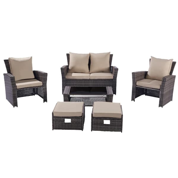 Unbranded All-Weather Gray 6-Piece Wicker Outdoor Sectional Set with Khaki Cushions for Porch Lawn Garden
