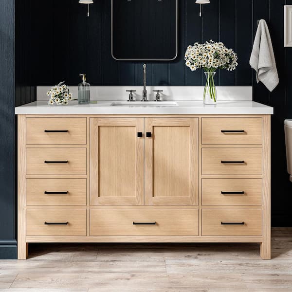 Cambridge 60 in. Single Sink Freestanding Bathroom Vanity in Oak with Pure White Quartz Top
