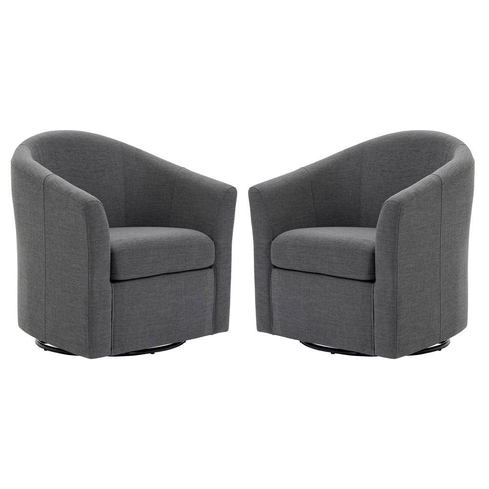 Gray Linen Upholstered 360° Swivel Barrel Accent Armchair with Metal Base(Set of 2)