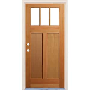 36 in. x 80 in. 2 Panel Right-Hand/Inswing Craftsman 3 Lite Clear Low-E Glass Unfinished Fir Wood Prehung Front Door
