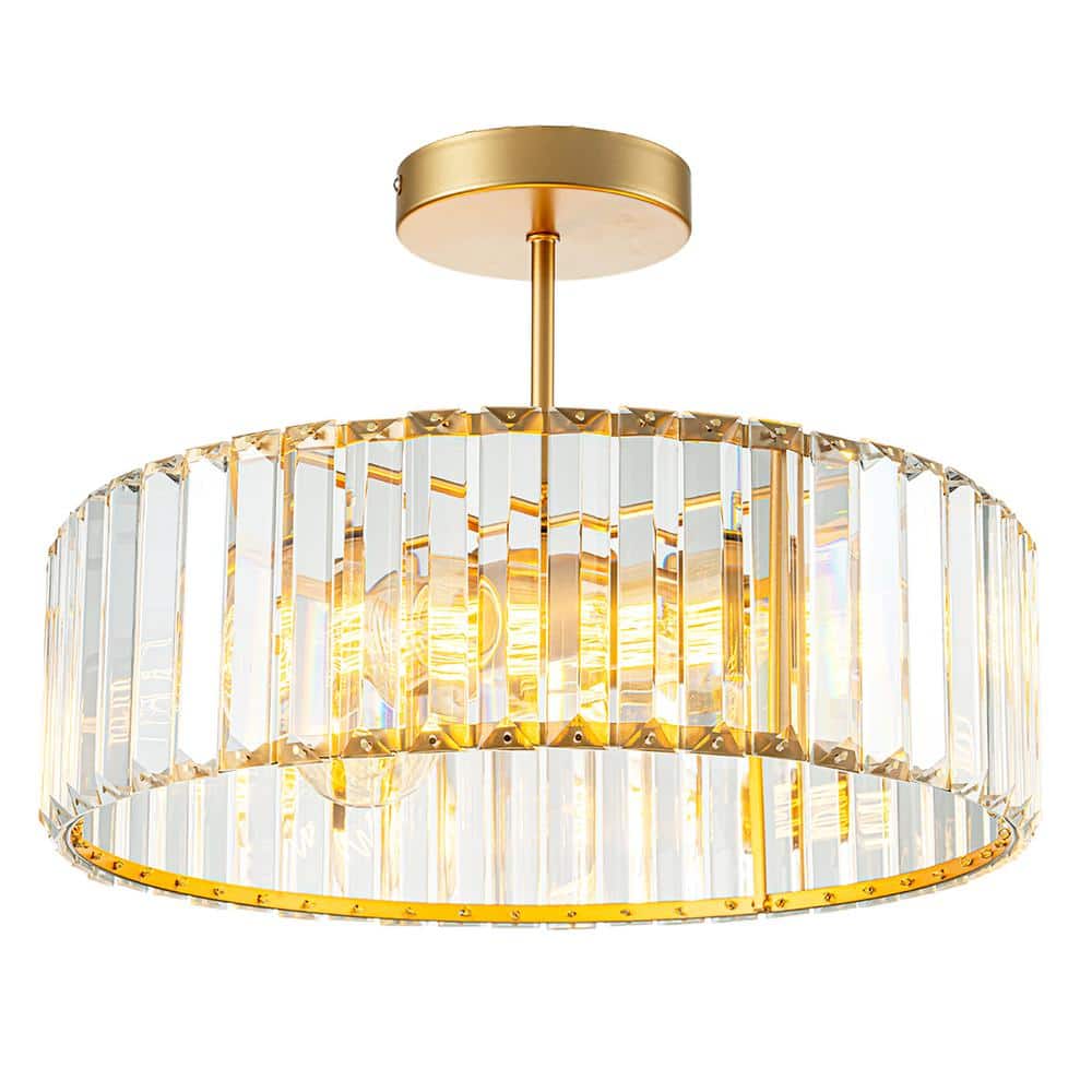 Sefinn Four 15 in. 3-Light Gold Crystal Semi Flush Mount Ceiling