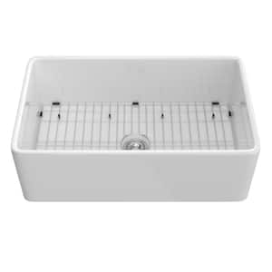 White Fireclay 30 in. Single Bowl Farmhouse Apron Kitchen Sink with Stainless Steel Grid and Strainer