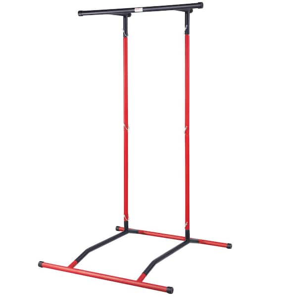 SKYSHALO Power Tower Dip Station, 2-Level Height Adjustable Pull Up Bar Stand, 220 lbs. Weight Capacity, Black and Red