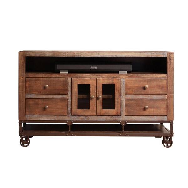 Benjara 61.75 in. Brown and Gold Tone Wood TV Stand Fits TVs 75 in. with 4 Drawers